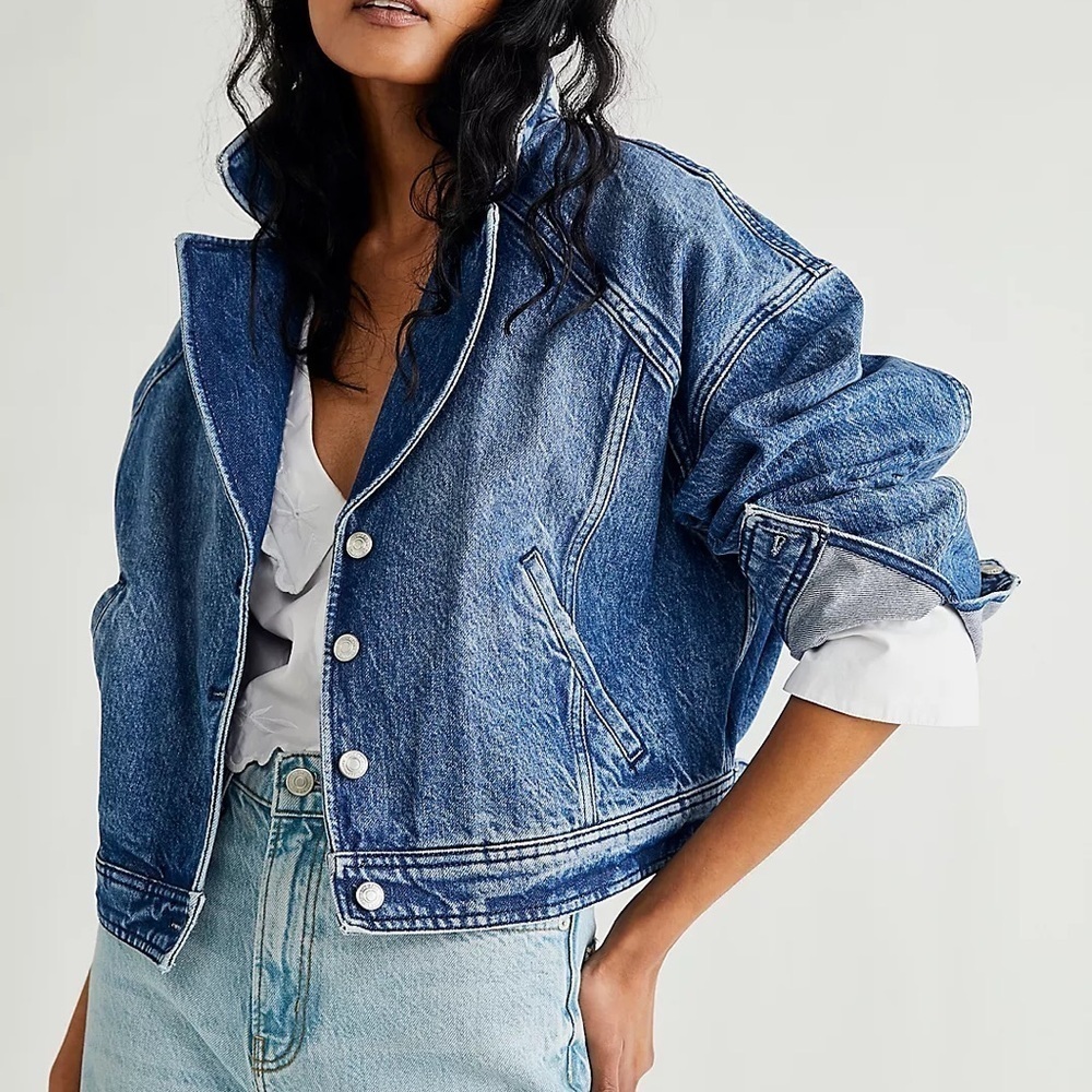 Free People Now Or Never Denim Crop Trucker Jacket - Picture 13 of 13